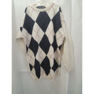 Vintage TULCHAN Womens Sweater Size Medium‎ White Blue Argyle/Diamond
